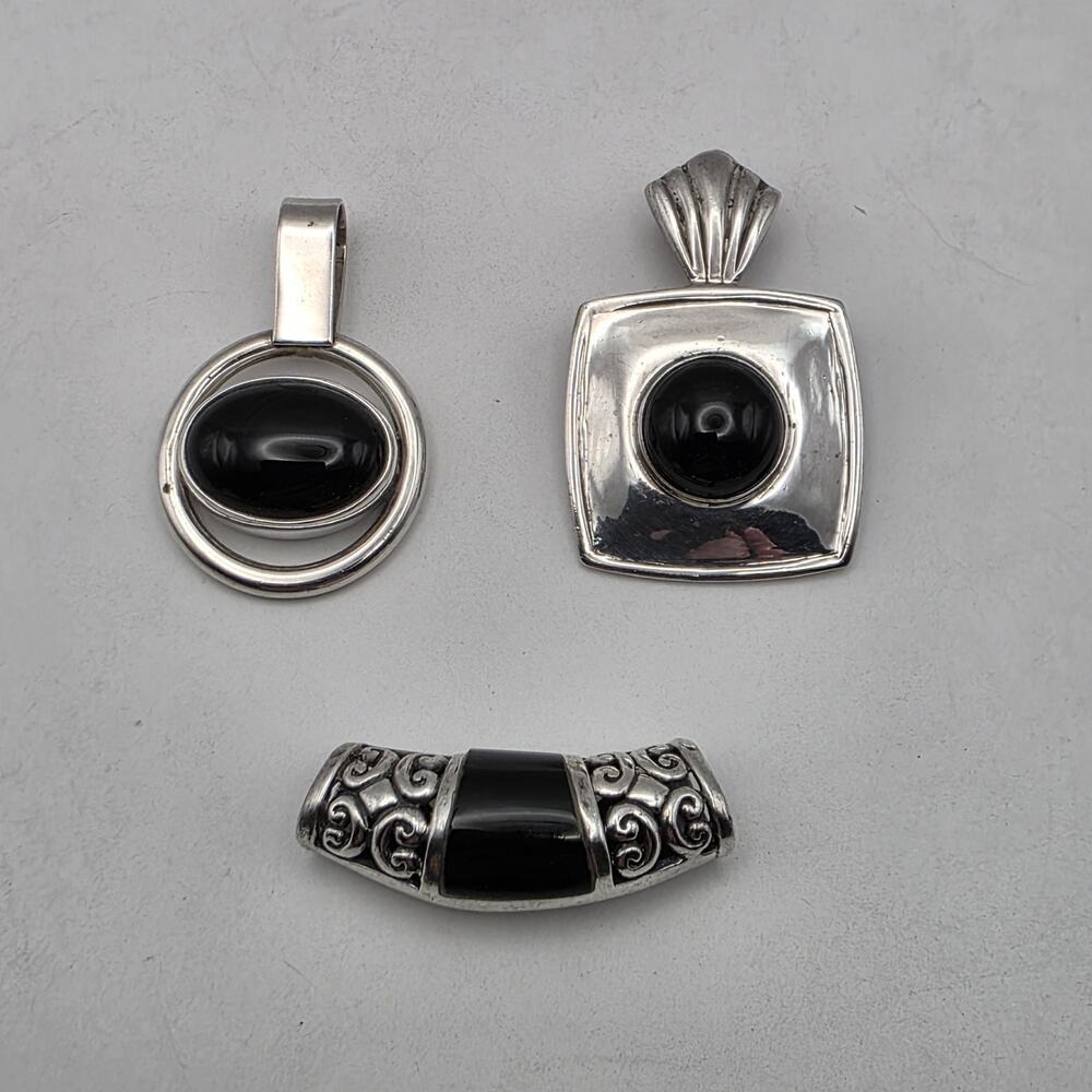 Vintage 925 Sterling Silver Black Onyx Pendant Lot Of Three
